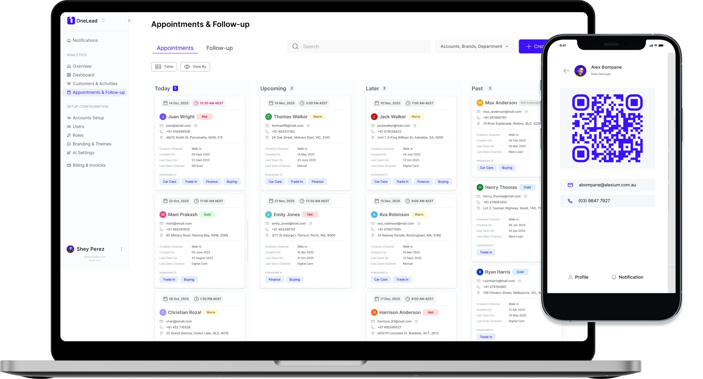 OneLead Web Application Dashboard showing customer management interface on desktop and mobile